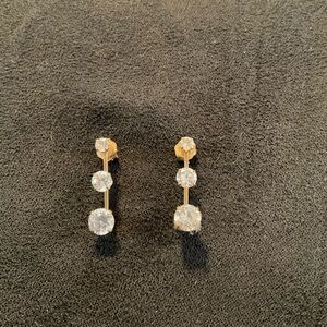 Vintage 14Kt Solid Yellow Gold Three Stone Cubic Zirconia Pierced Earrings